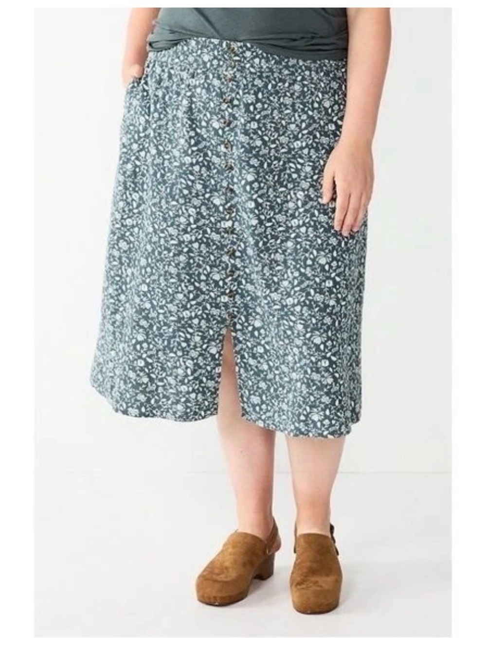 Sonoma Teal Floral Button-Front Midi Skirt